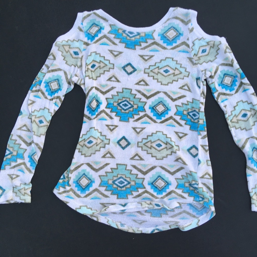 Teal,white, and brown, long sleeve thin shirt.